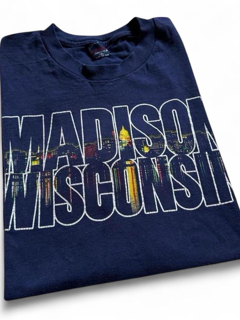 Vintage 1990s Jansport Madison Wisconsin Navy Graphic Tee - XL